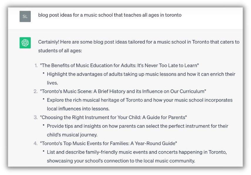 chatgpt seo blog post prompt for music school