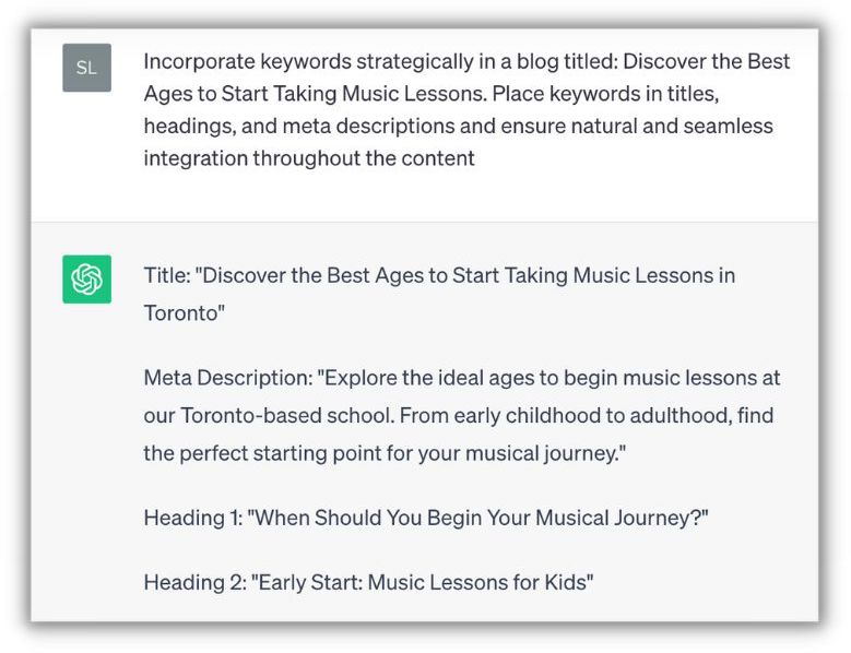 chatgpt prompt and answer example for incorporating keywords for seo