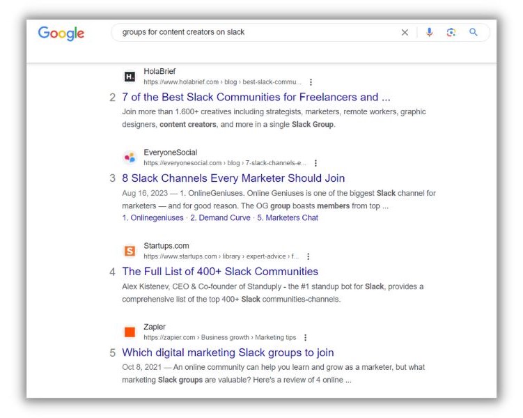 Content creator - screenshot of a Google search for groups