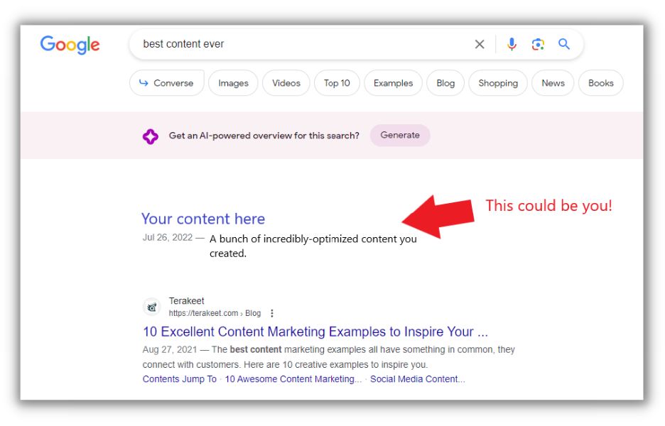 Content optimization - screenshot showing your content at the top of a search page