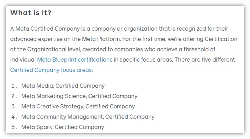 meta advertising announcement - certified company category list